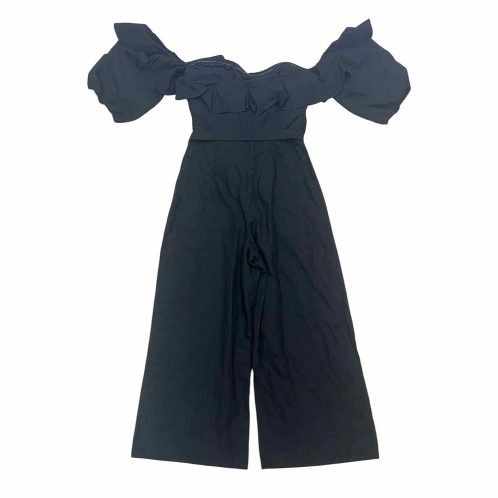 Club Monaco Black Rakita Linen Off Shoulder Ruffle Wide Leg Crop Belted Jumpsuit